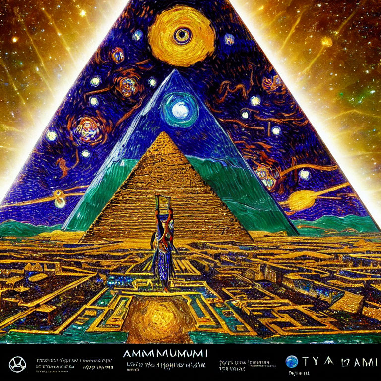 Colorful digital artwork: Pyramid shape with figure, celestial bodies, cosmic patterns against starry night sky