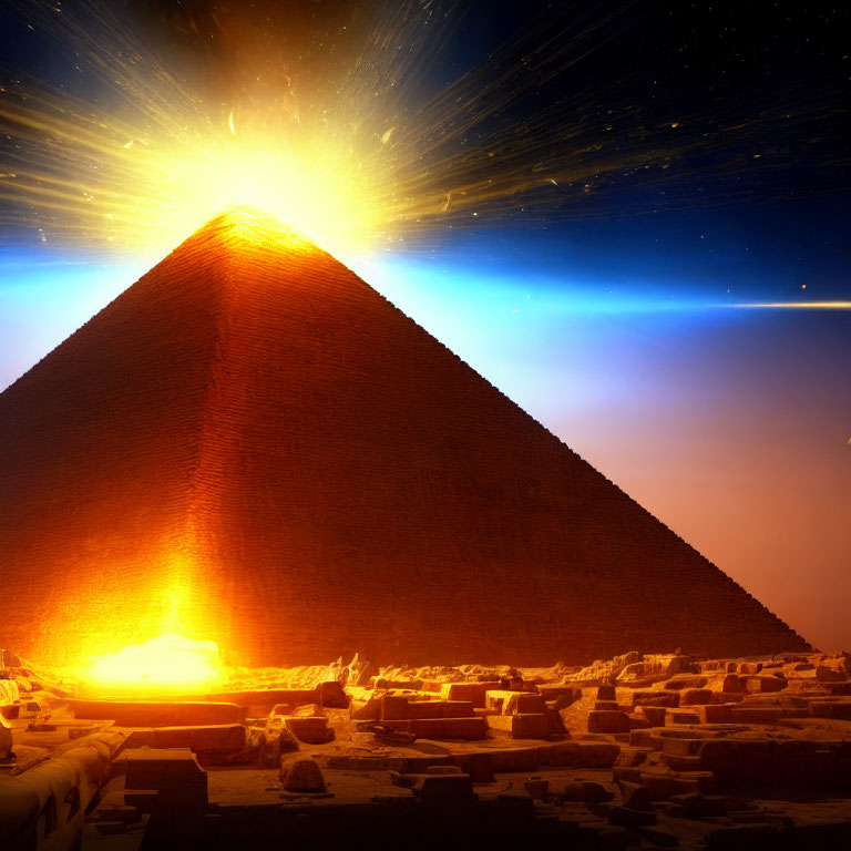 Majestic pyramid under starry sky with burst of light at apex