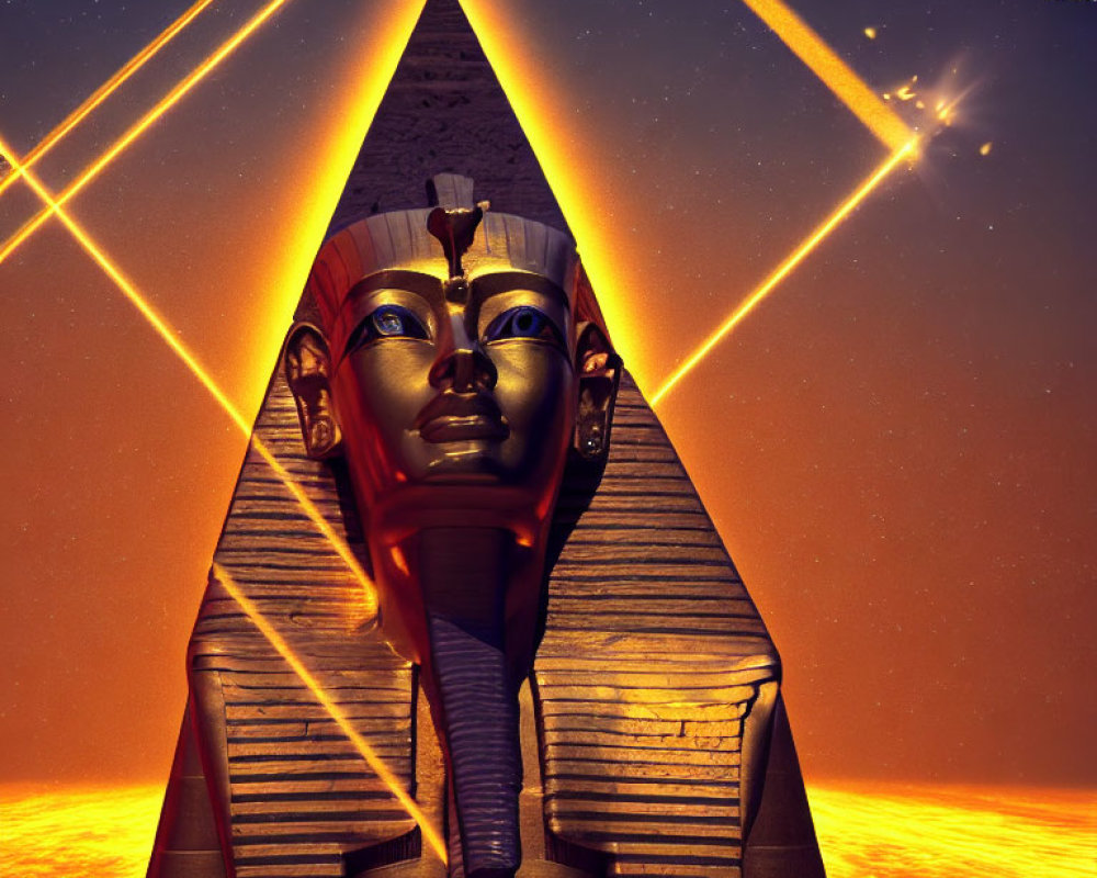 Illustration of pharaoh statue with glowing eyes in front of pyramid under starry sky