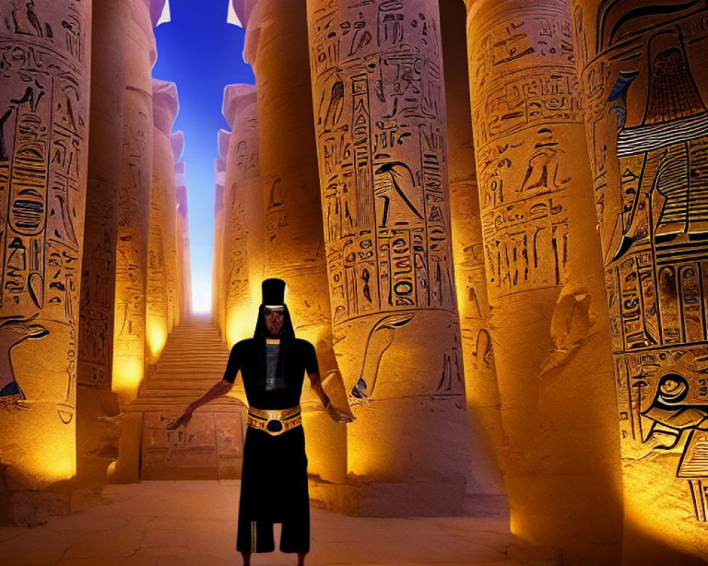 Ancient Egyptian attire in majestic columned corridor under dramatic sky