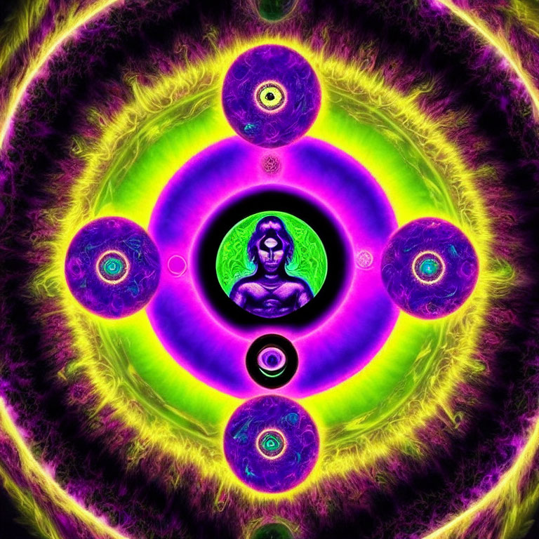 Colorful digital artwork: Meditative figure with radiant patterns and glowing orbs