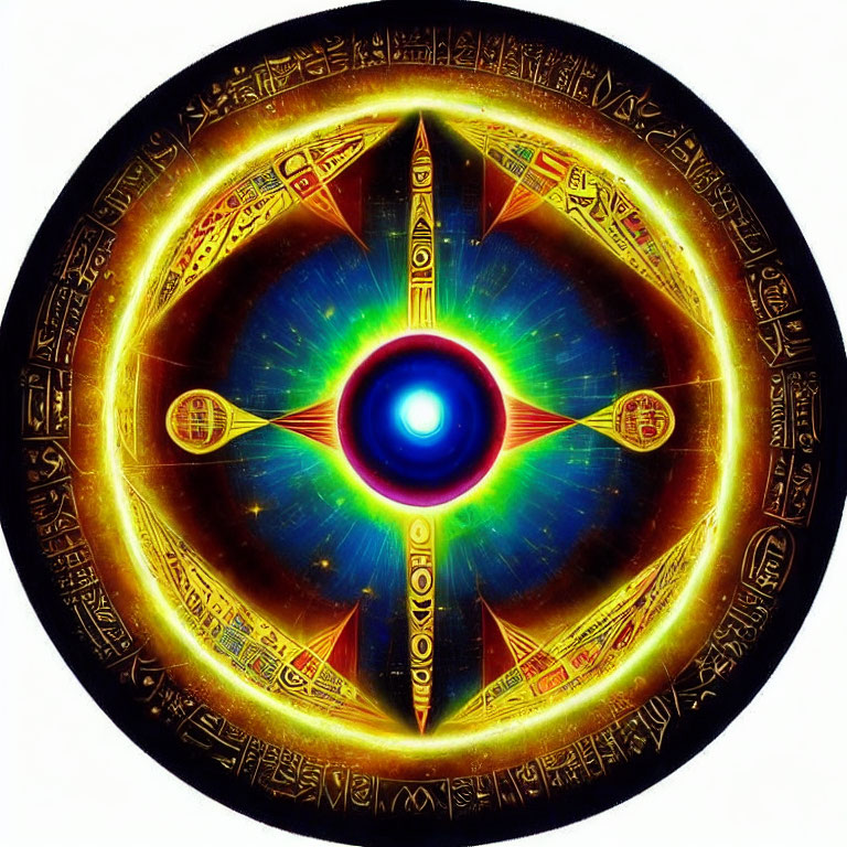 Colorful circular design with blue eye and Egyptian symbols in gold