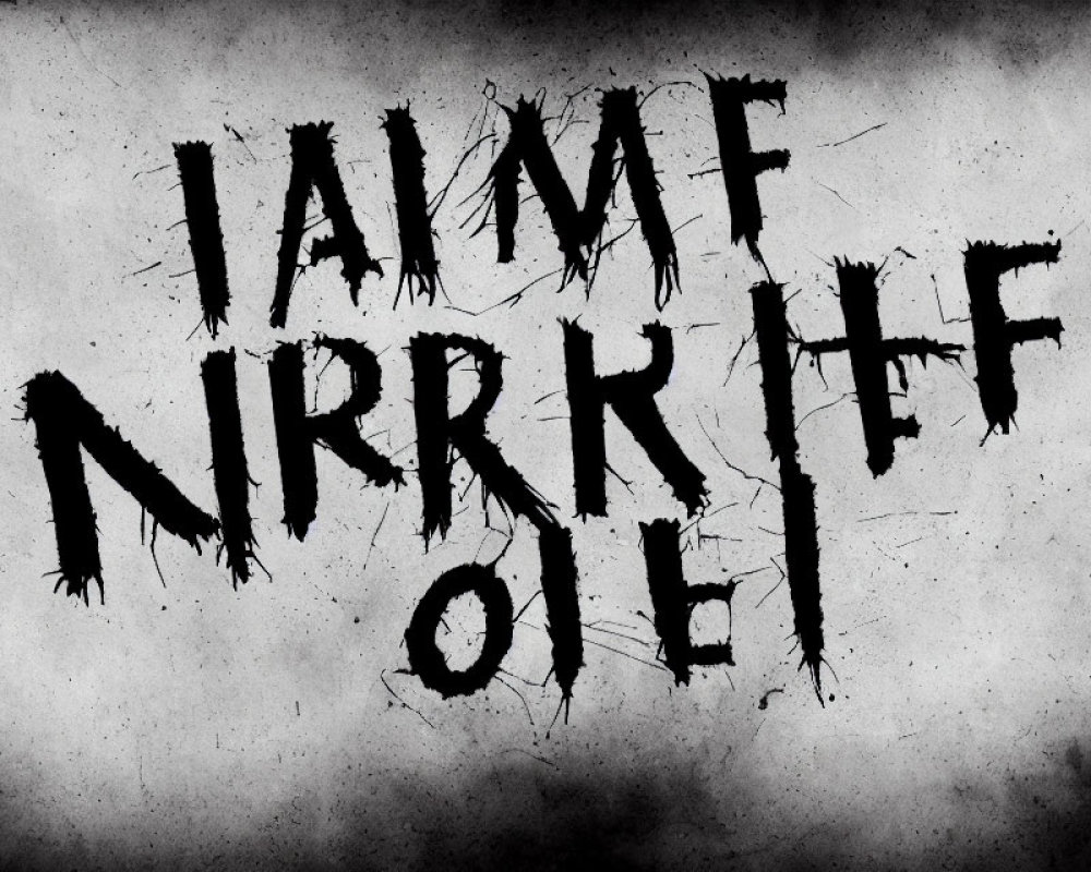 Gray textured background with black scratchy letters forming unclear message "JAIMF NRRK FF O