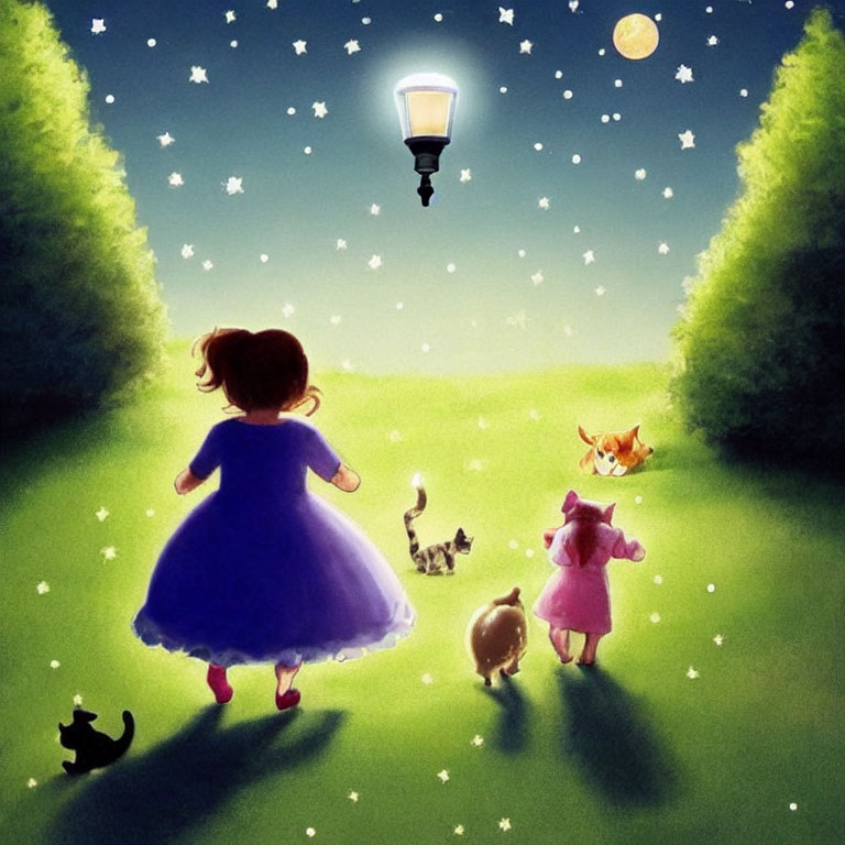 Whimsical illustration of girl, animals, and street lamp under starry sky