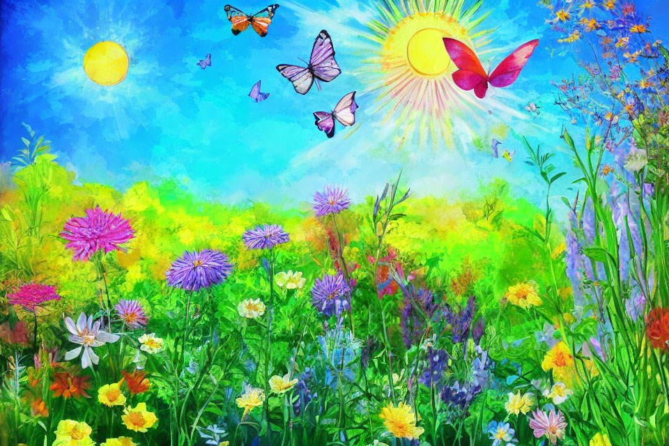 Colorful Meadow with Flowers, Butterflies, Sun, and Heart Under Blue Sky