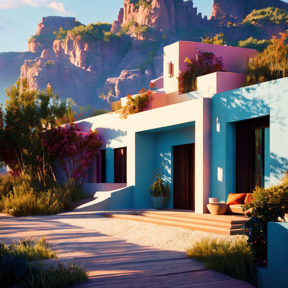 Modern house with blue walls in sunlit setting among lush greenery and red rocks