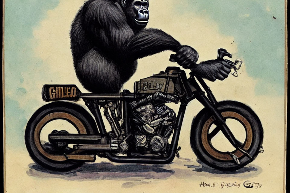 Detailed drawing: Gorilla on vintage motorcycle with whimsical twist
