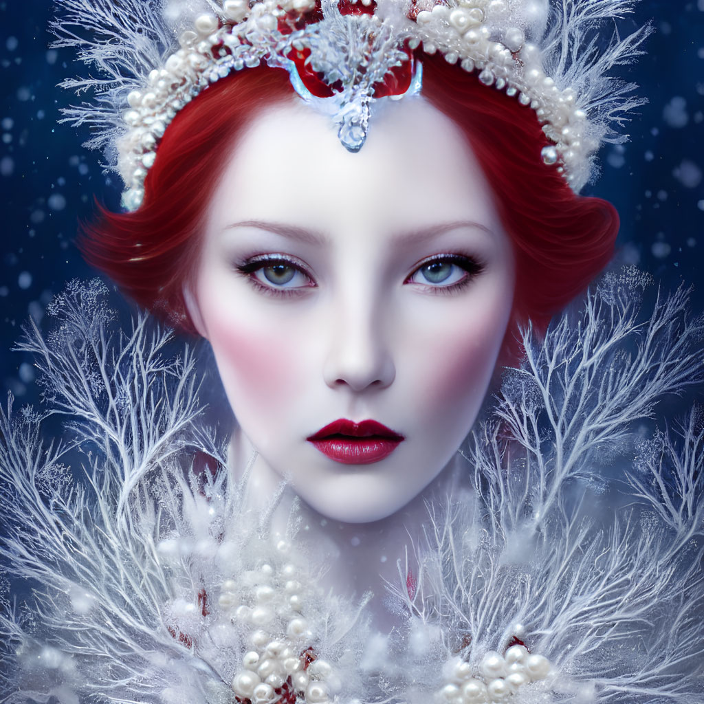 Red-haired woman portrait with pearl tiara, frost patterns, snowy branches