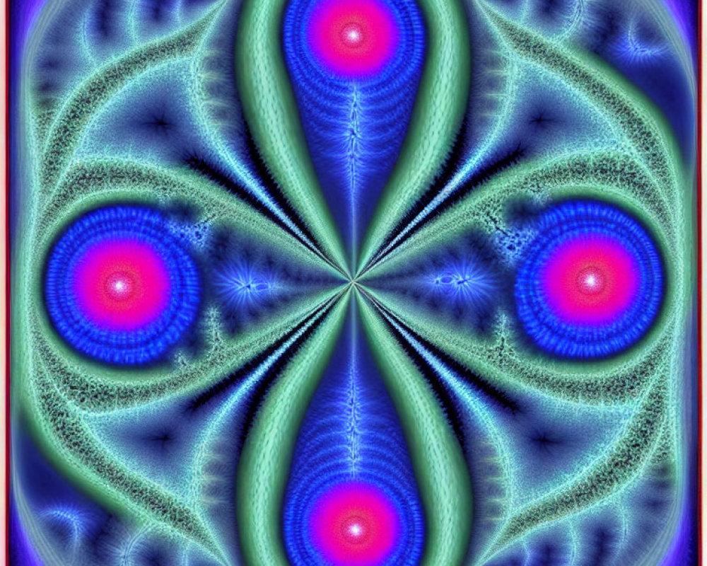 Symmetrical neon blue and pink fractal with kaleidoscopic patterns