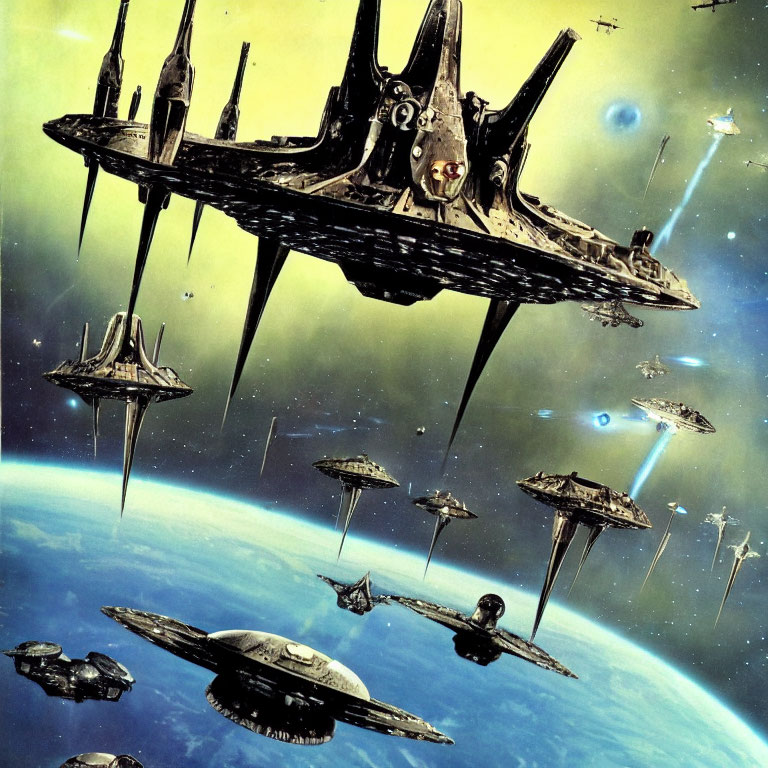 Futuristic spaceships hovering in space with planet backdrop