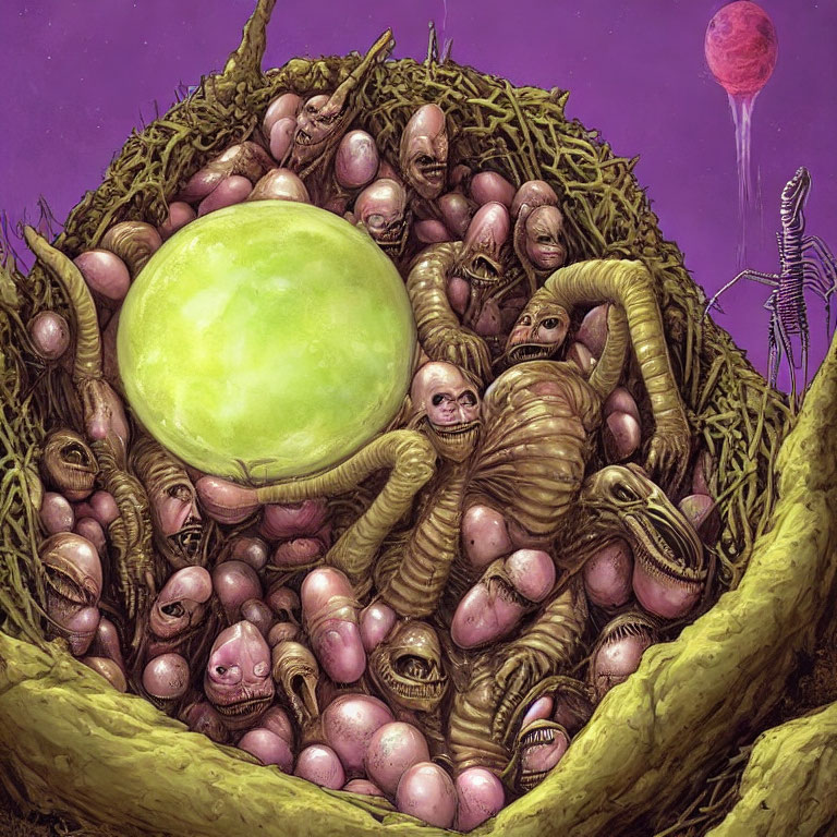 Surreal illustration: nest of eggs, humanoid creatures, elongated necks, purple environment,