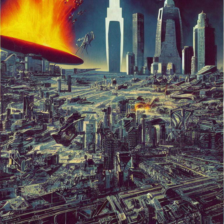 High-rise buildings and flying vehicles in futuristic cityscape with giant fireball in the sky