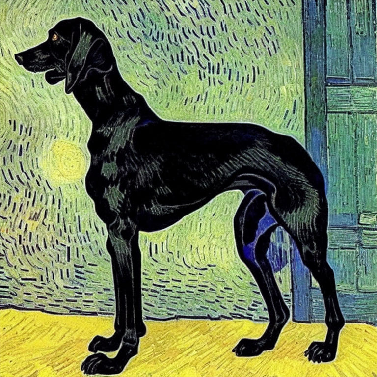 Black Dog Profile on Van Gogh-Inspired Swirl Background