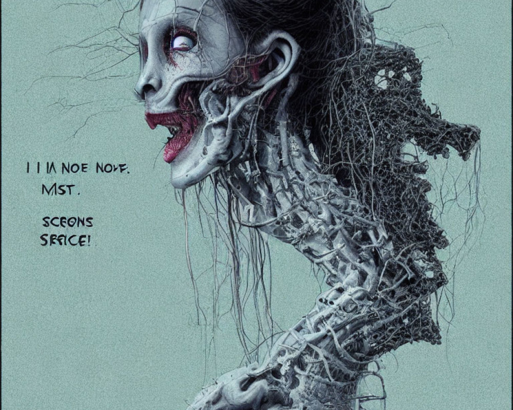 Detailed skeletal creature with exposed muscles and distorted face on textured background.
