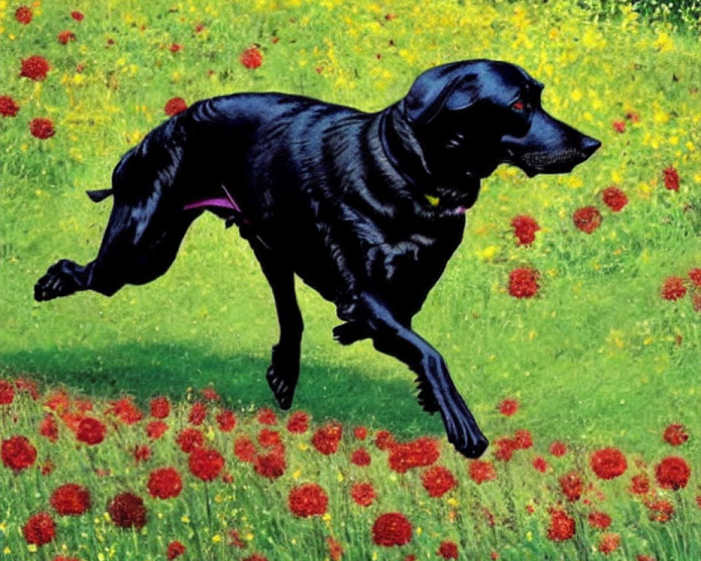 Black Dog Running in Colorful Wildflower Field