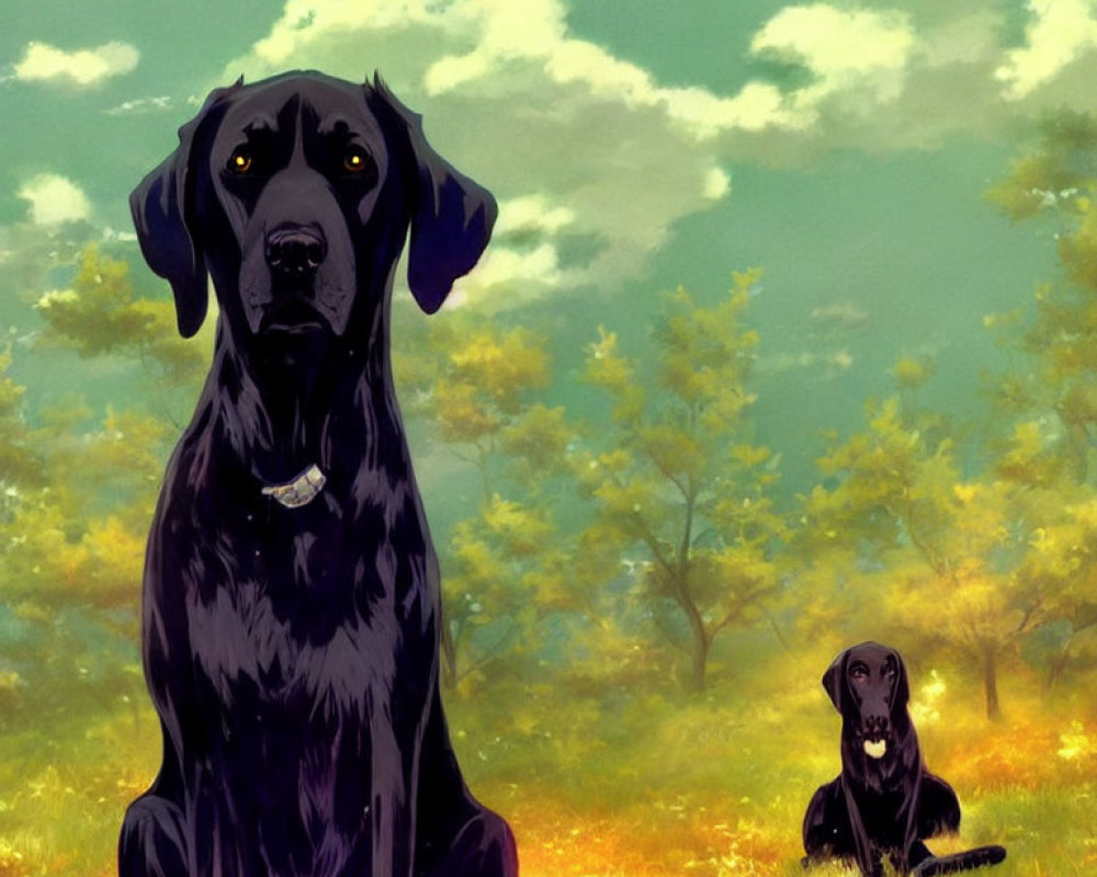 Two Black Dogs Sitting on Grass with Trees and Fluffy Clouds Sky