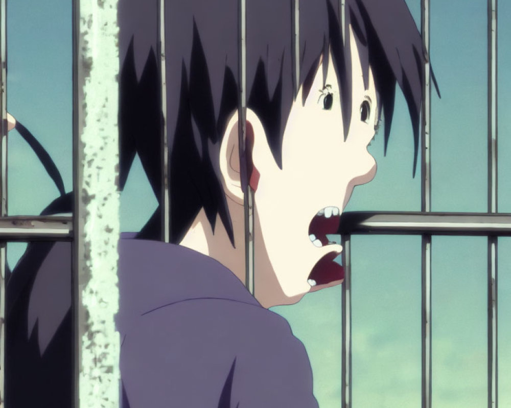 Anime character with short black hair in shock at barred window