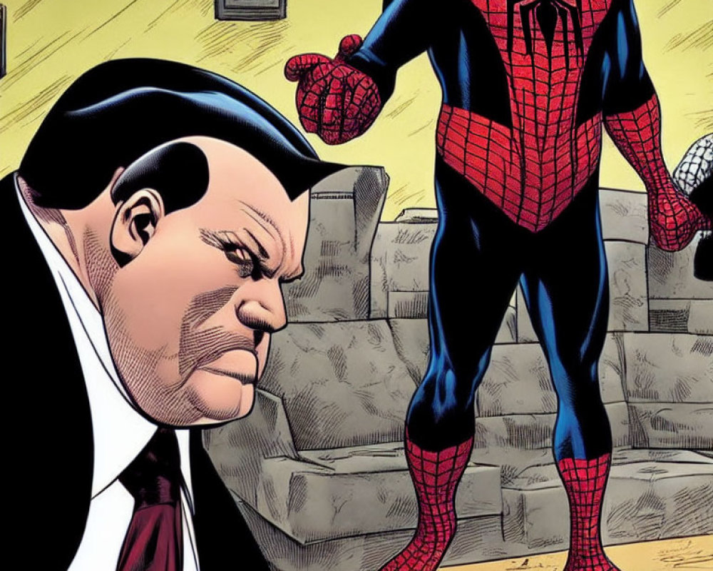 Color illustration of Spider-Man and man in suit in comic book style