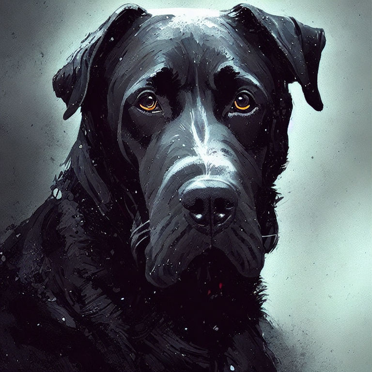 Detailed digital painting of a black dog with soulful eyes and glossy coat