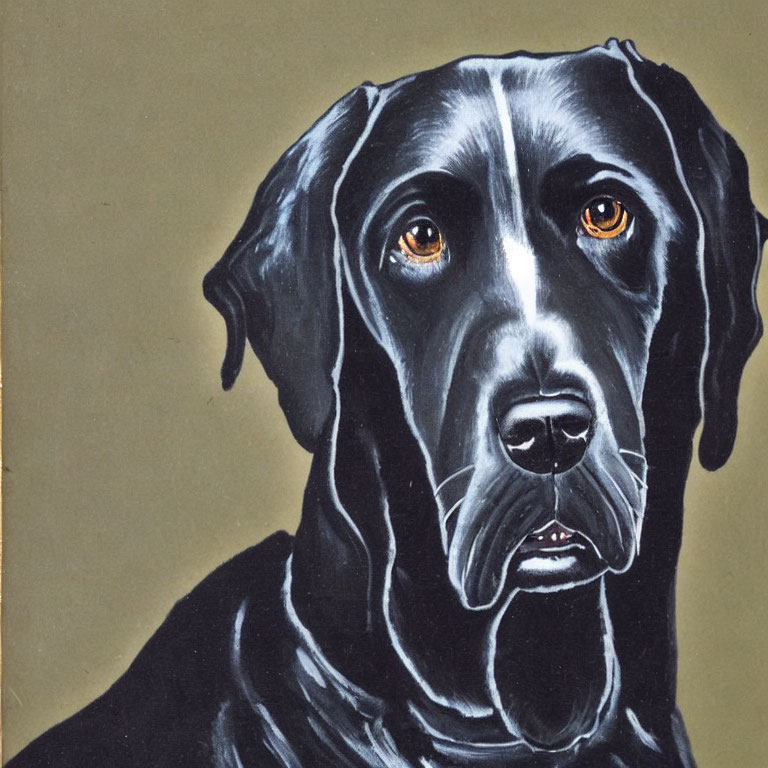 Black Dog Painting with Glossy Coat and Amber Eyes