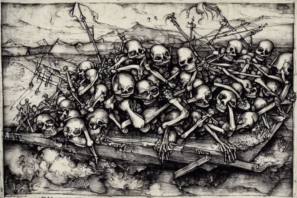 Monochrome etching of human skulls, bones, and weapons in desolate setting