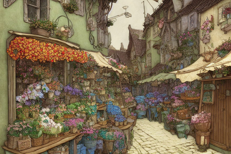 Detailed illustration of bustling flower market street with vibrant flora and quaint buildings