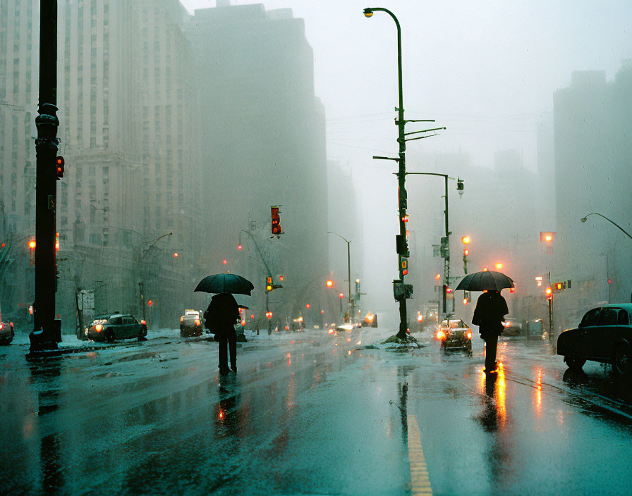 Two people with umbrellas crossing wet city street in rain and fog.