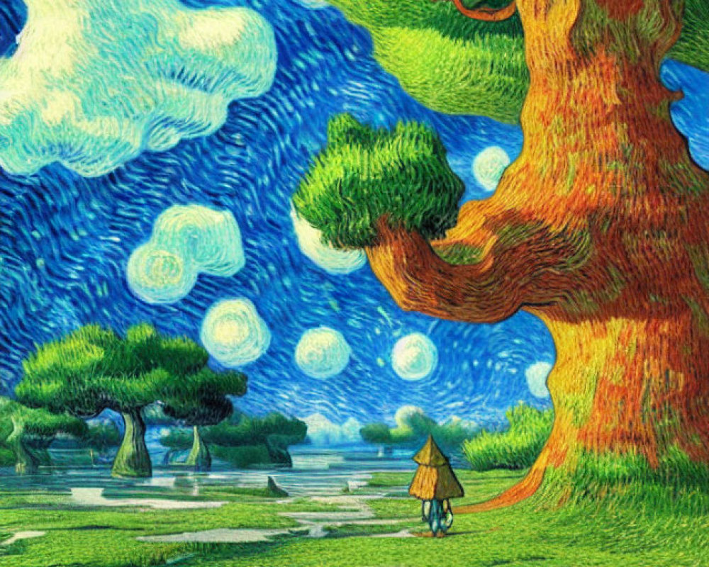 Illustration: Swirling starry night style with vibrant landscape, large tree, person with canoe by