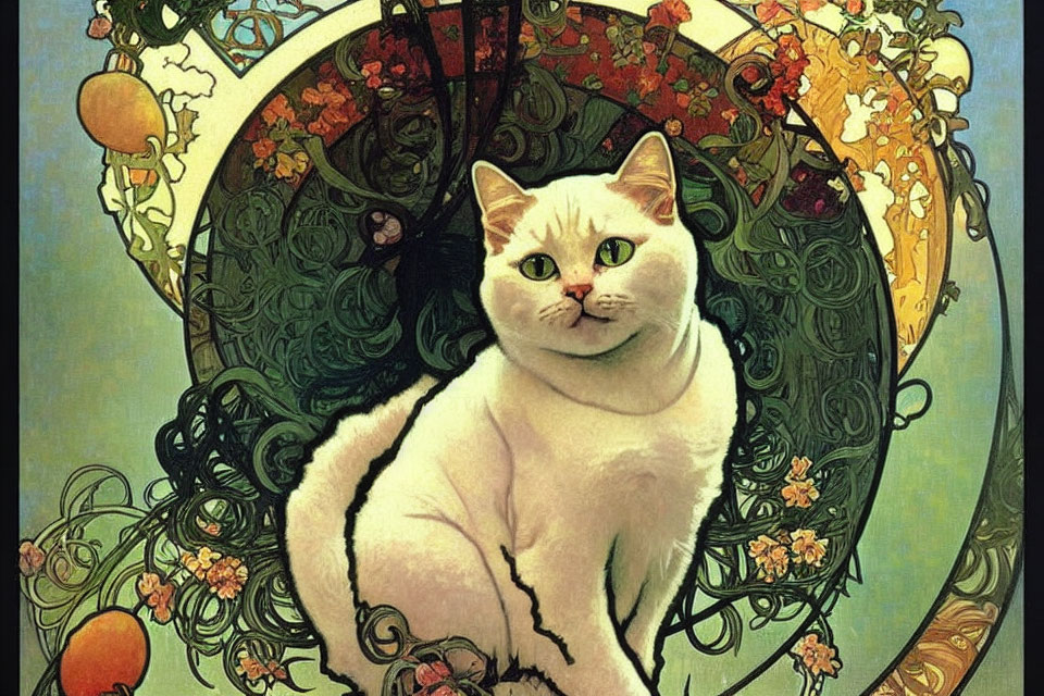 White Cat in Front of Art Nouveau Floral Backdrop