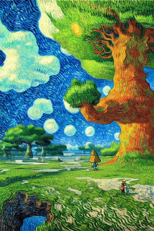 Illustration: Swirling starry night style with vibrant landscape, large tree, person with canoe by