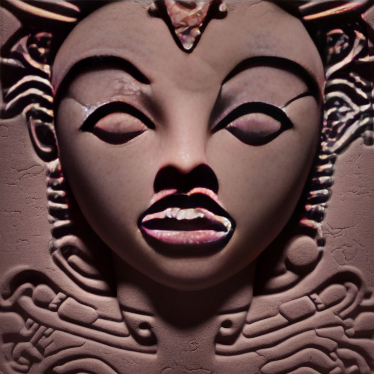 Detailed stylized mask with closed eyes, prominent lips, and decorative headpiece