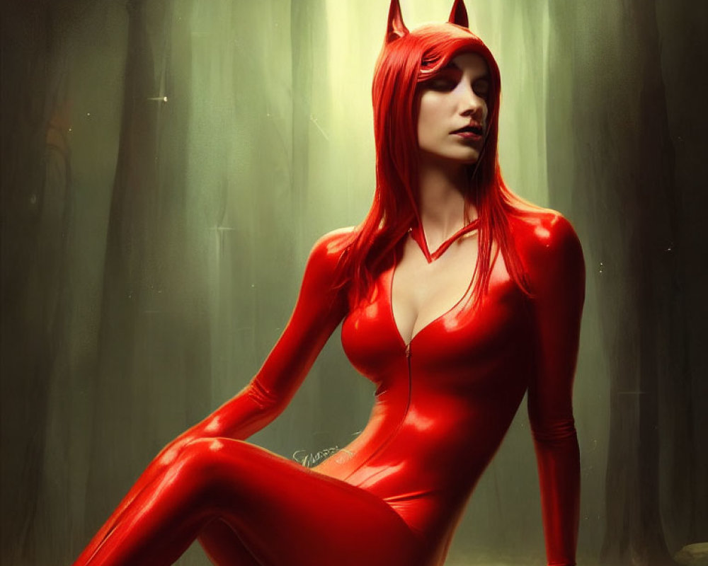 Person in red full-body costume with pointed ears in misty forest setting