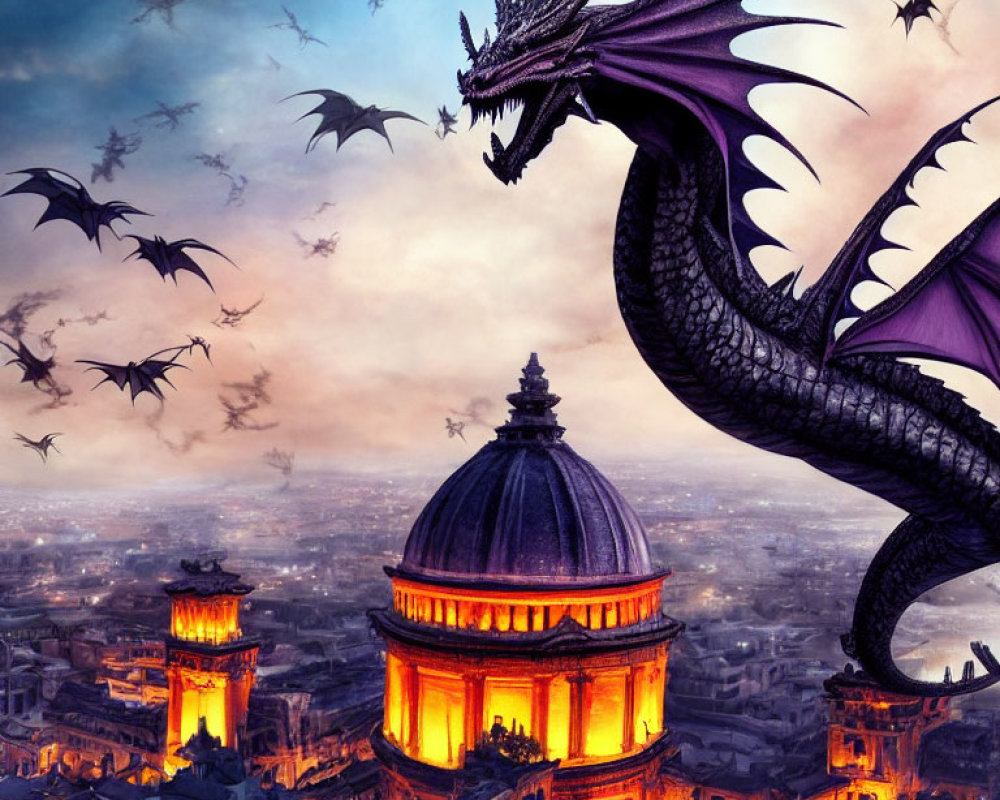 Purple Dragon Perched on Ancient City with Flying Dragons at Dusk