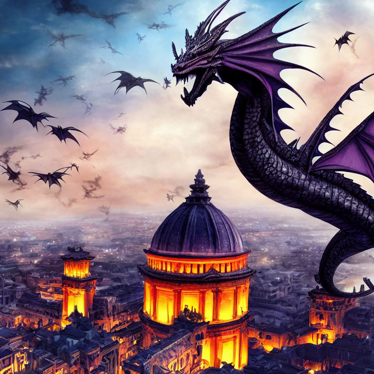 Purple Dragon Perched on Ancient City with Flying Dragons at Dusk