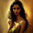 Portrait of Woman with Wavy Hair and Intense Gaze in Shoulder-Baring Outfit