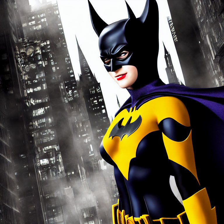 Animated character in black and yellow costume against cityscape