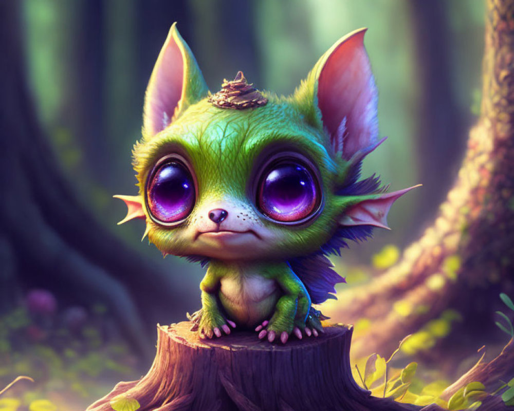 Green-furred fantasy creature with purple eyes in enchanted forest