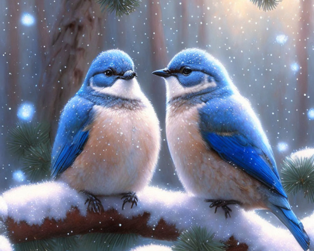 Two vibrant blue birds on snowy branch in wintry forest