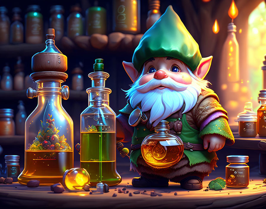 Colorful gnome in green hat with potion bottle in magical laboratory