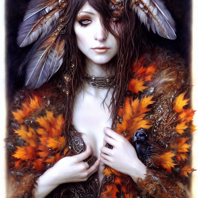 Ethereal woman with feathered headpieces in orange and brown attire holding a bird