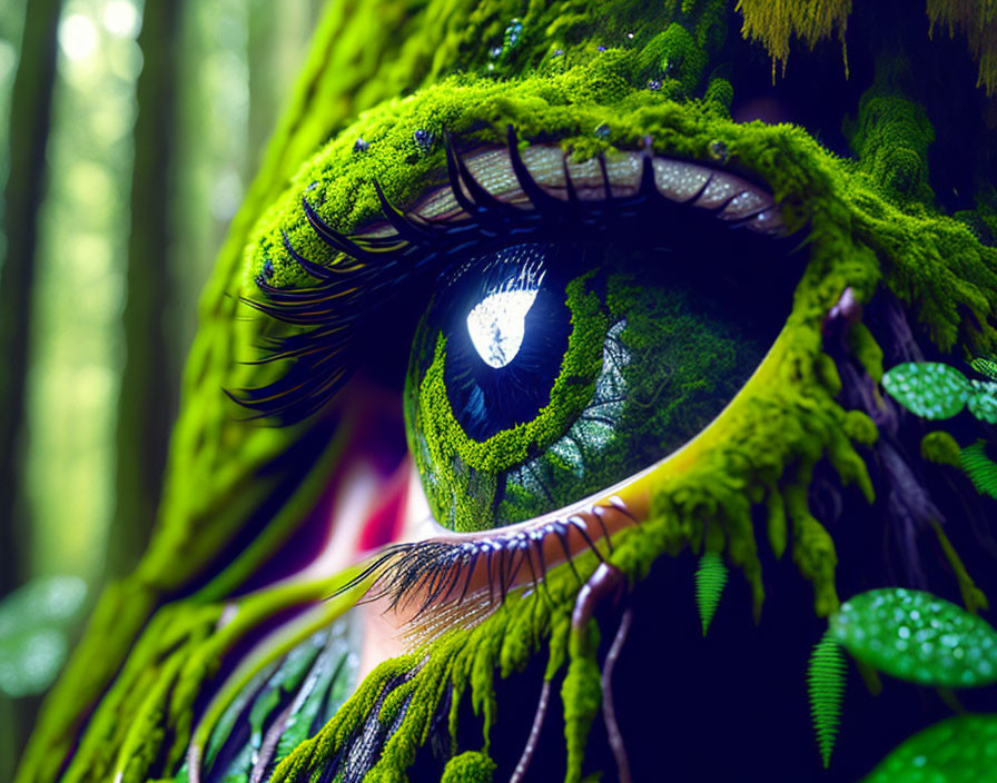 Detailed close-up of person with green nature-inspired makeup resembling moss and leaves.