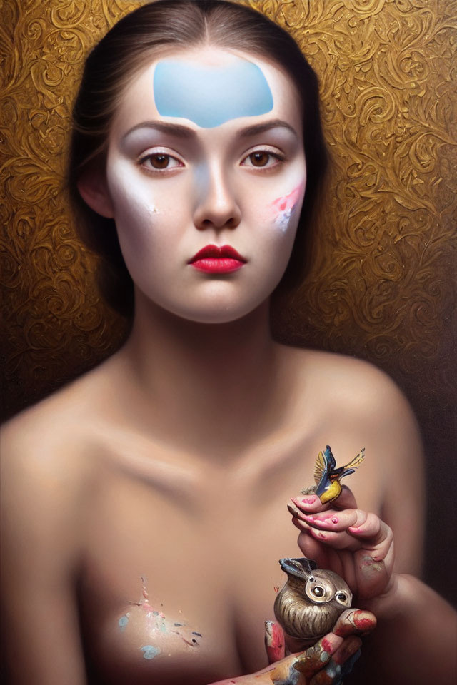 Woman with artistic makeup holding bird and figurine against golden background