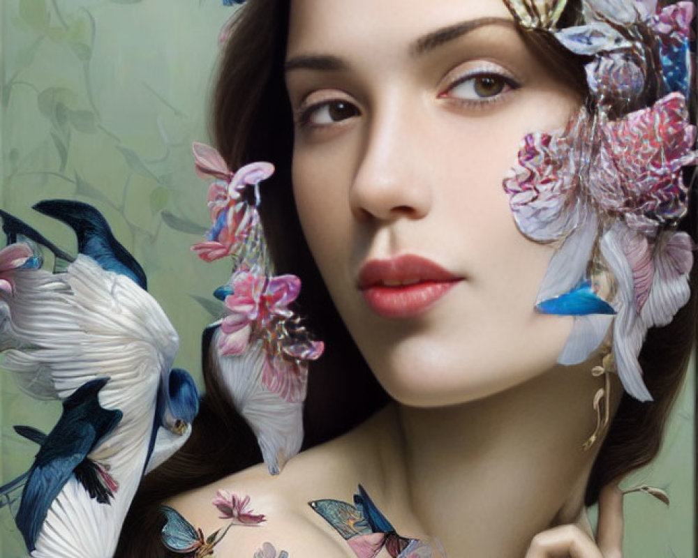 Woman portrait with surreal floral and bird illustrations.