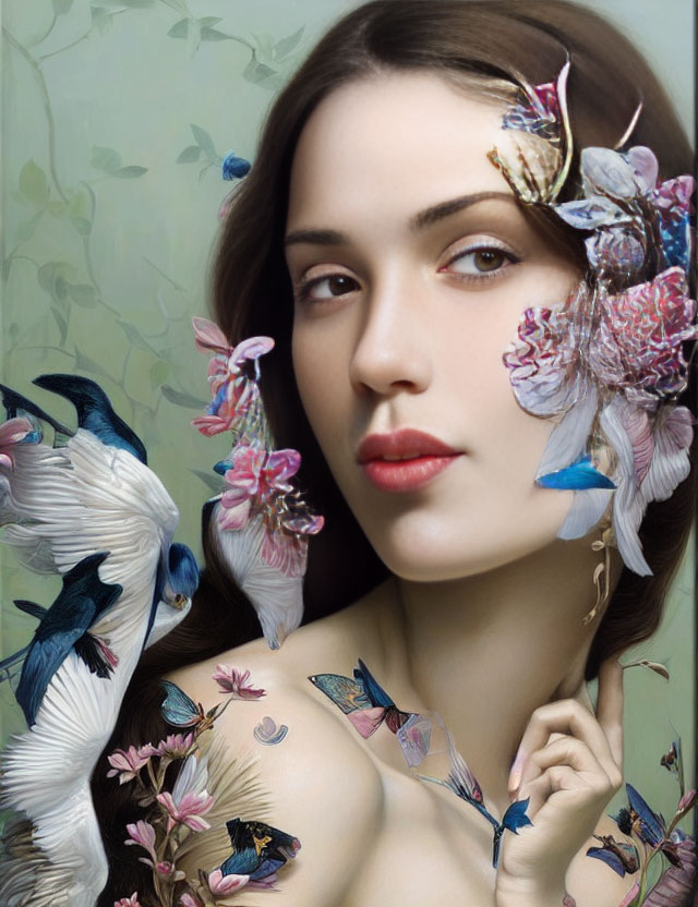 Woman portrait with surreal floral and bird illustrations.