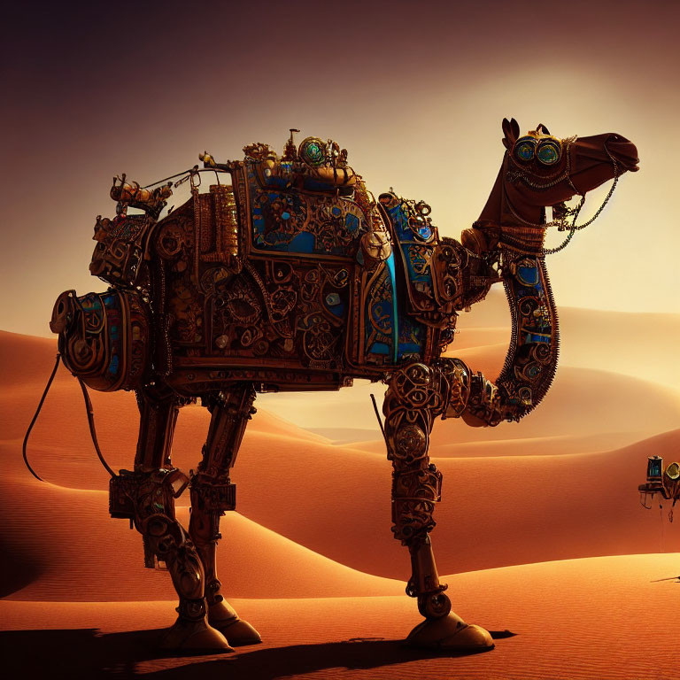 Intricately designed mechanical camel crossing desert landscape