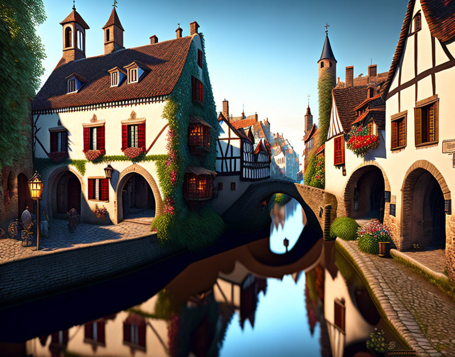Traditional European Village with Cobblestone Street and Canal Reflections