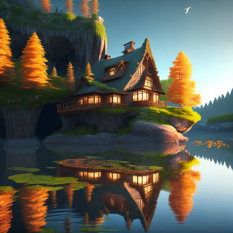 Tranquil multi-story cabin on rock in reflective lake with autumnal trees.