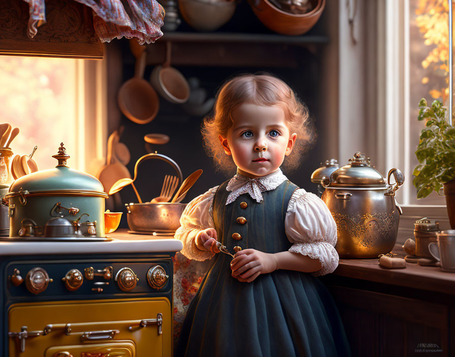 Vintage-dressed toddler in cozy kitchen with antique cookware