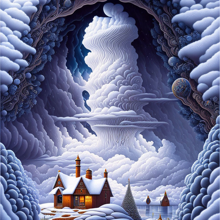 Surreal snowy cliff landscape with cozy house and distant planet