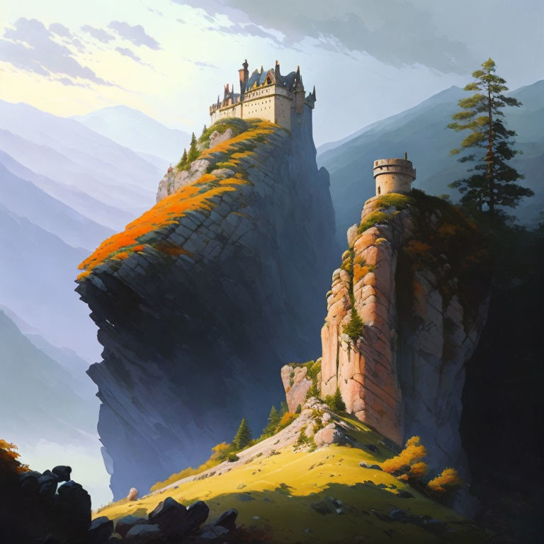 Majestic castle on cliff with tower, misty mountains, warm light